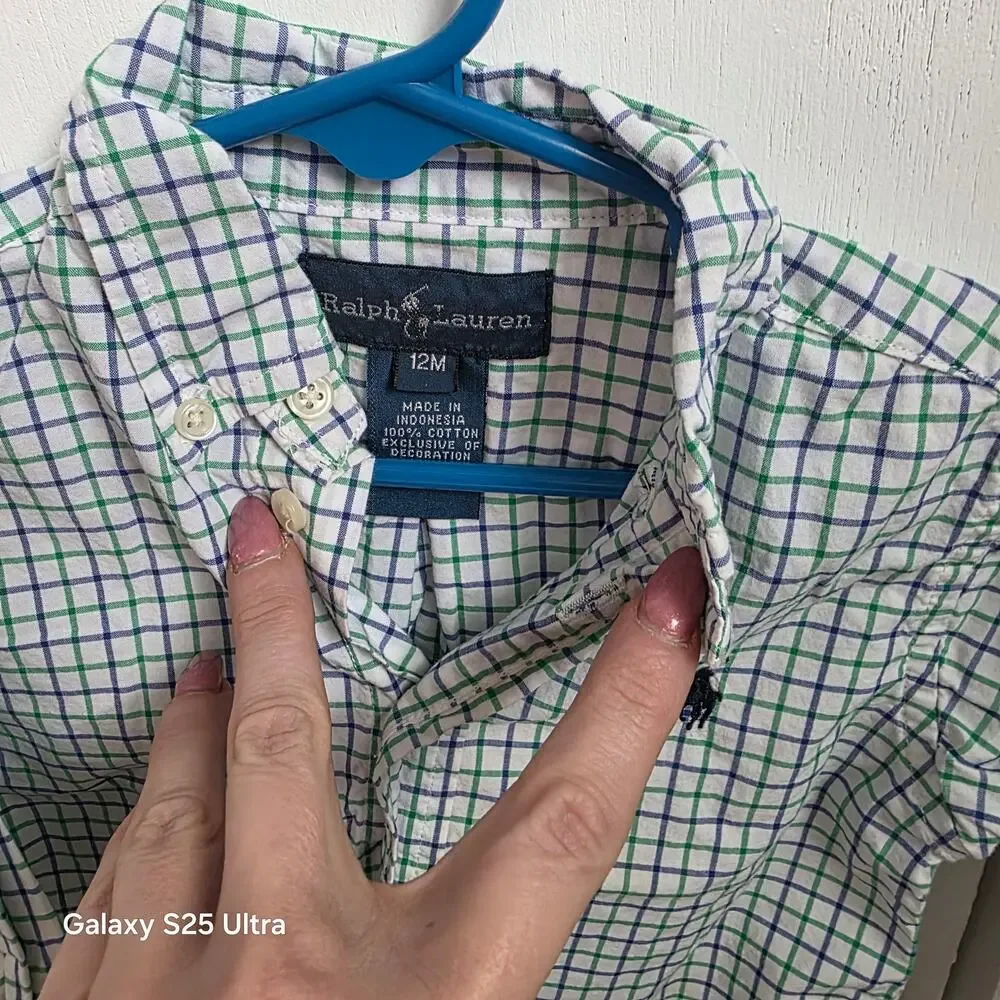 Ralph Lauren white, green and navy gingham,‎ long sleeve button up sz 12 mo